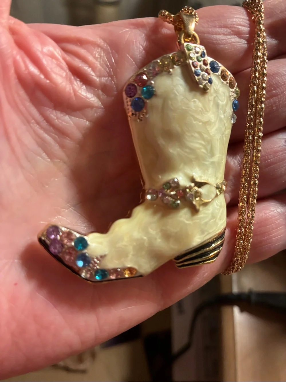 Enamel Yellow Cowboy Boot Pendant Necklace with Multicolor Stones